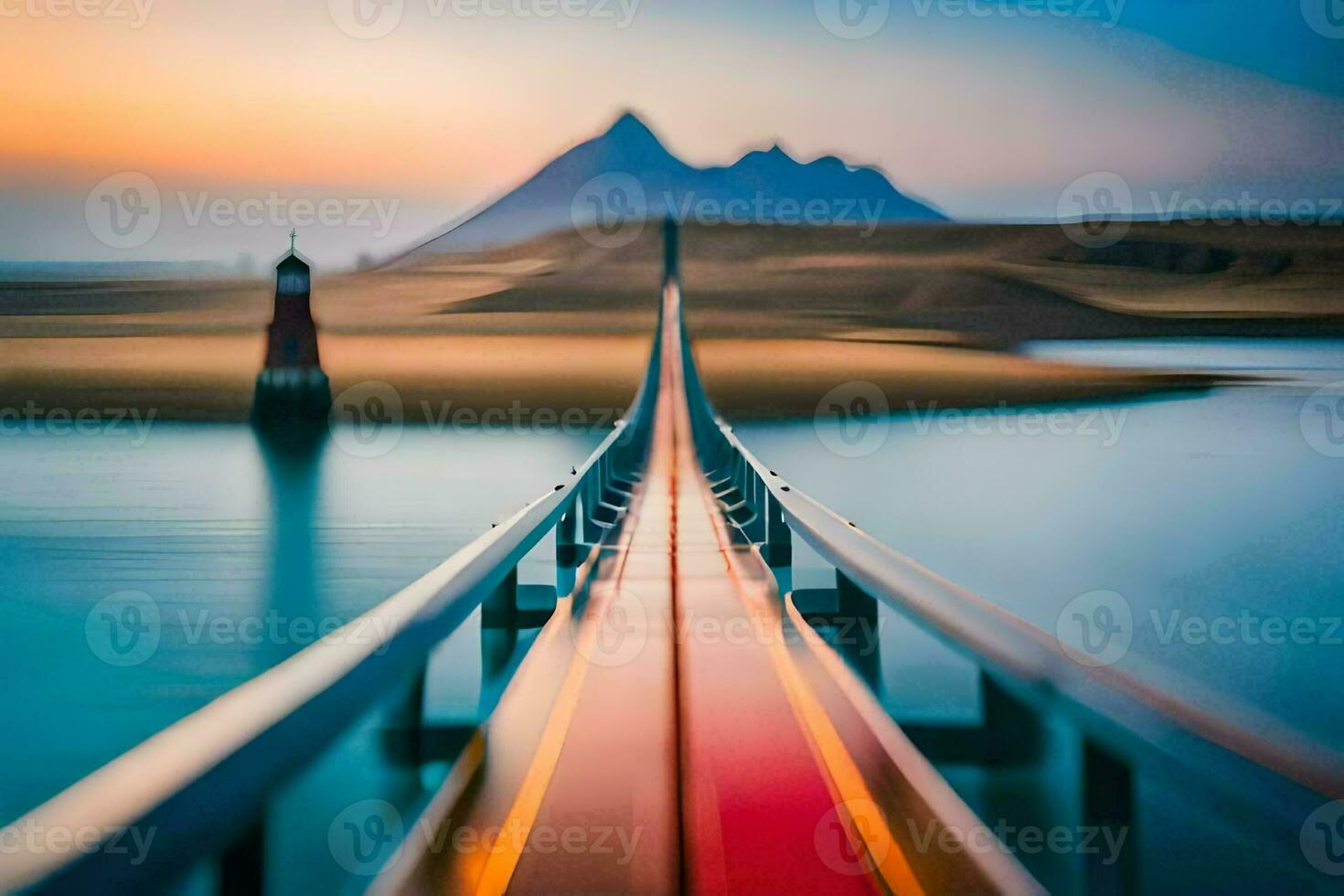a bridge with a lighthouse in the background. AI-Generated photo
