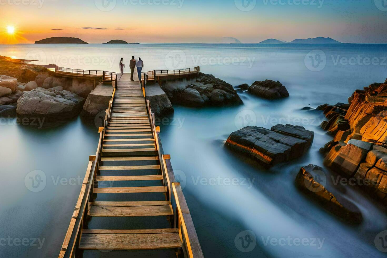 un de madera puente terminado el Oceano a puesta de sol. generado por ai foto