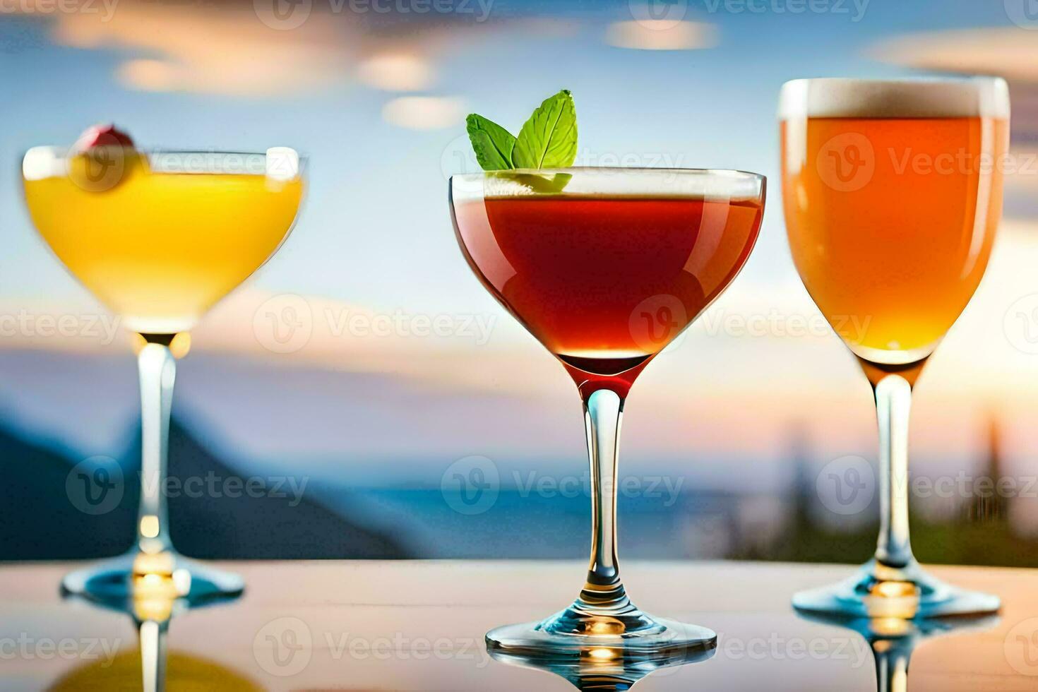 three different cocktails are shown on a table. AI-Generated photo