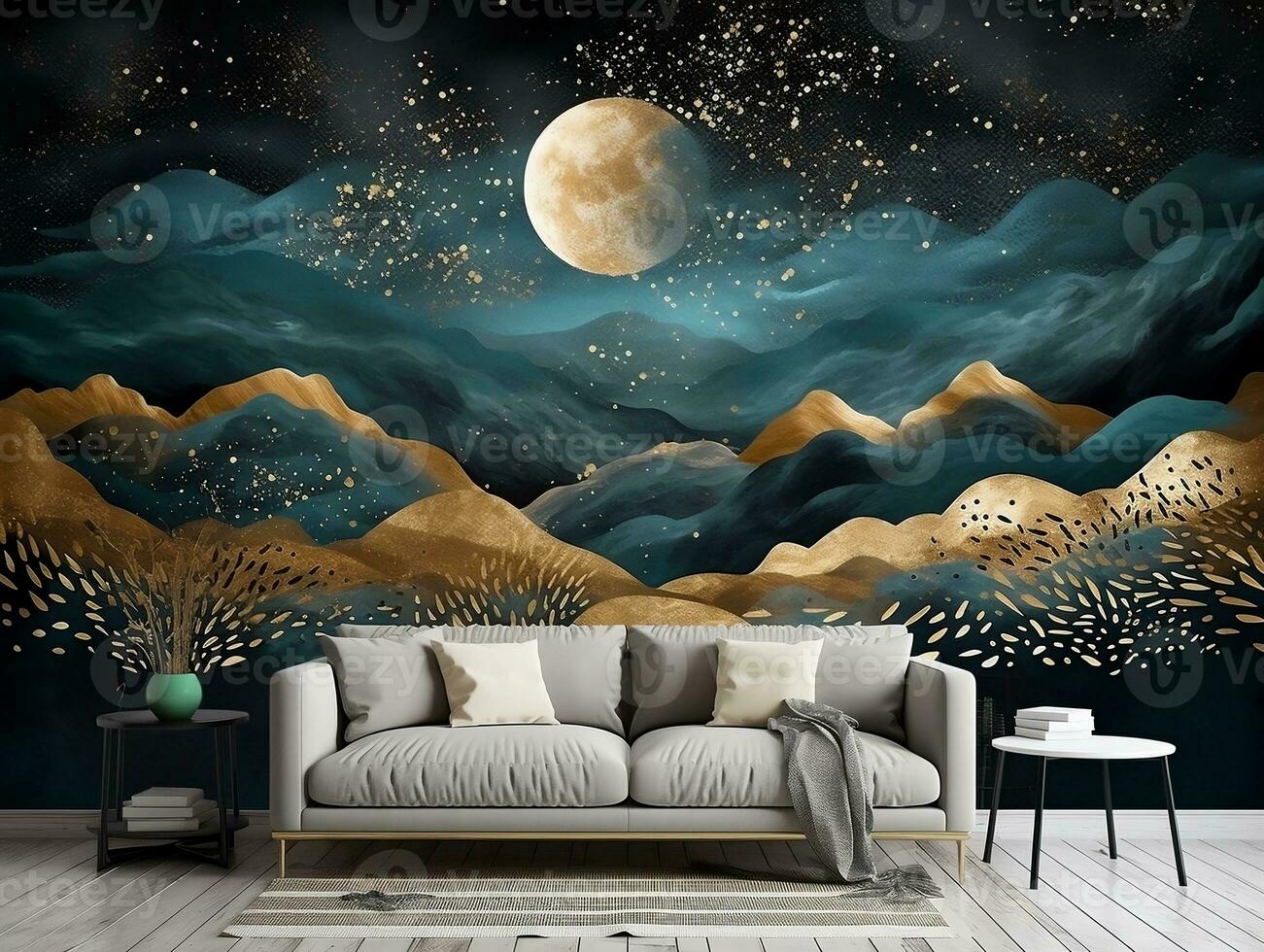 3d abstraction modern wall art night landscape with dark blue and golden turquoise mountains black background with moon and golden trees generative ai photo