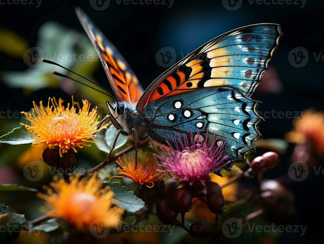 Macro insect photography capturing the delicate beauty of a colorful butterfly perched on a blooming flower generative ai photo