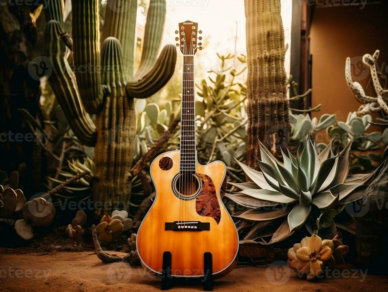 A guitar lying on the ground next to a cactus generative ai photo