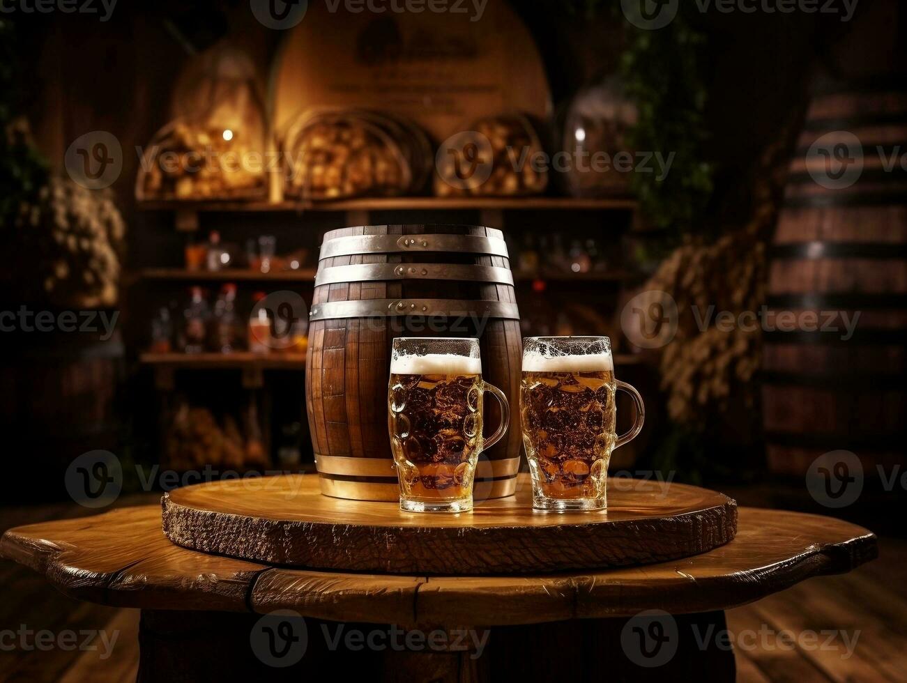 Beer glasses with beer barrel on table generative ai photo