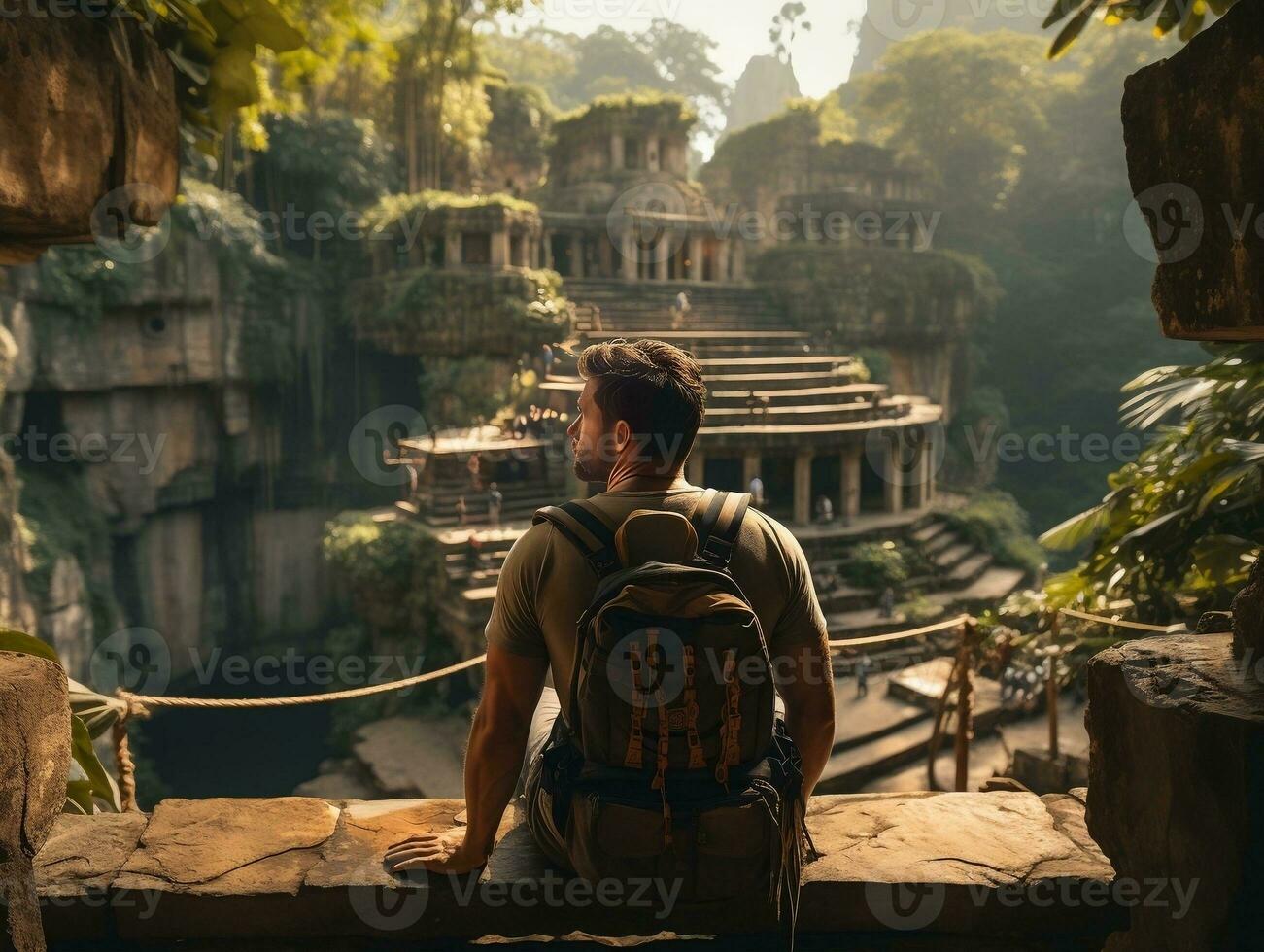 A traveler sitting on the steps of an ancient temple, gazing at the historical architecture generative ai photo