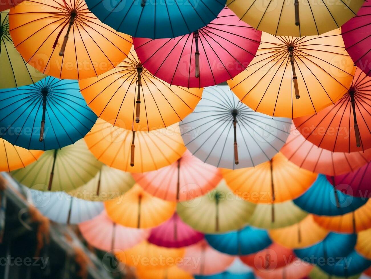 Colorful banner with a bunch of paper umbrellas generative ai photo