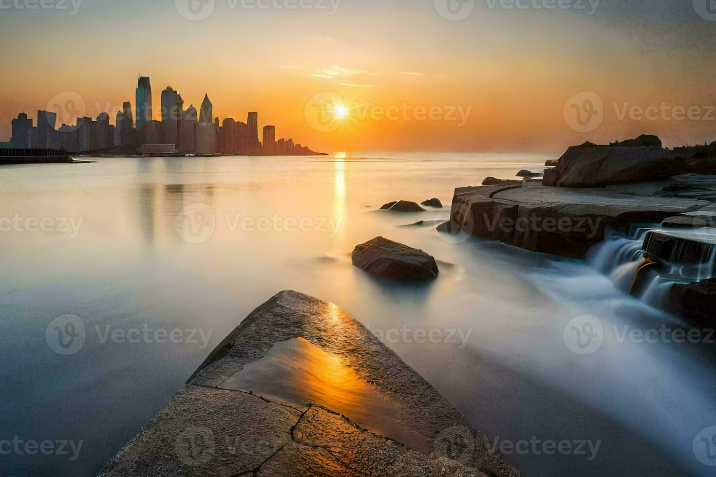 el Dom sube terminado el ciudad horizonte en esta foto. generado por ai foto