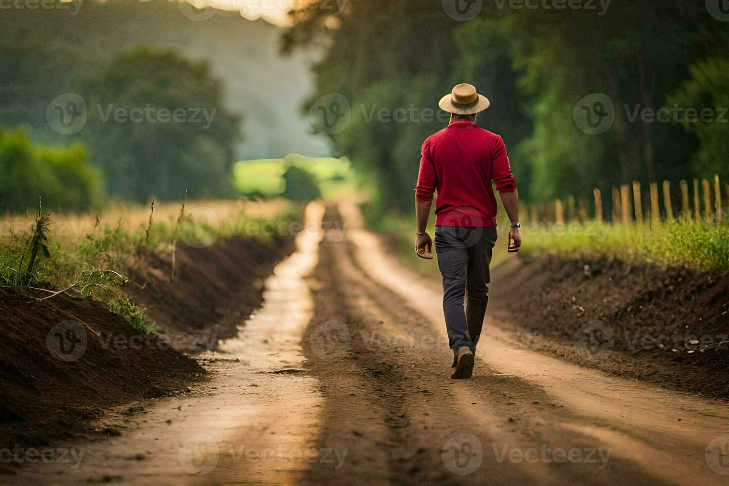 un hombre en un sombrero camina abajo un suciedad la carretera. generado por ai foto