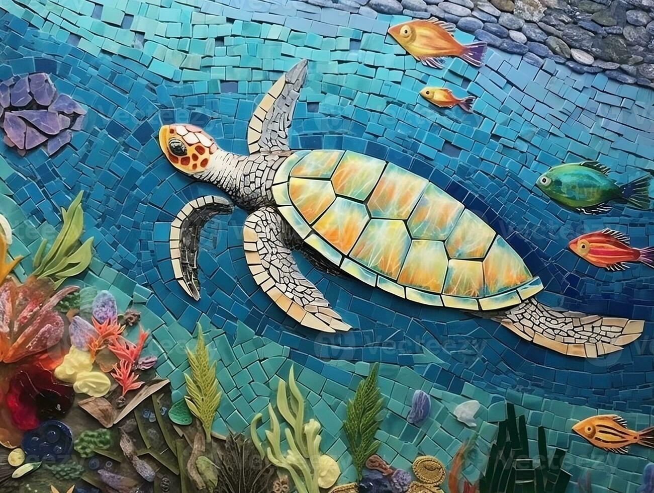 An enchanting wall art mosaic depicting an underwater world teeming with marine creatures and sea turtles swimming gracefully generative ai photo