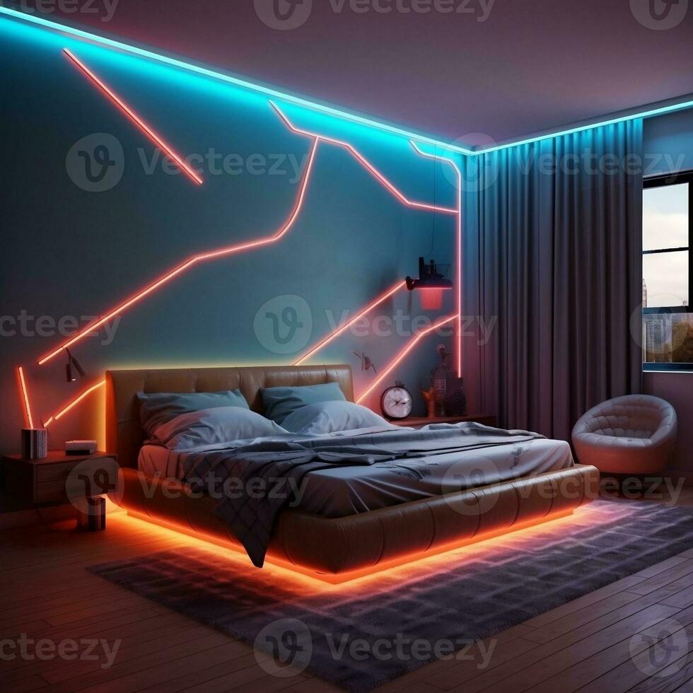 3D modern bedroom with multicolored led strip lights generative ai photo