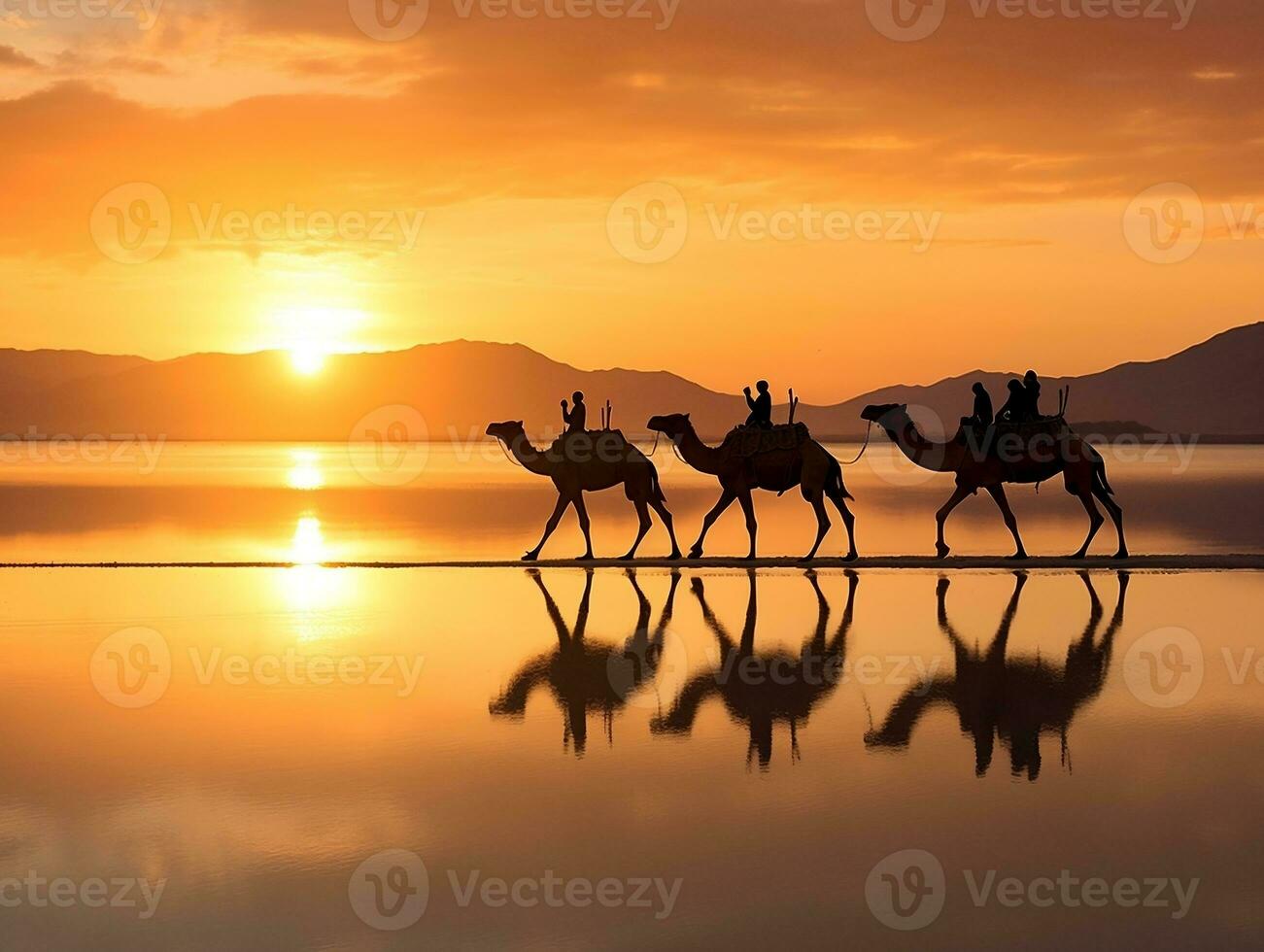 Camels silhouette on the salt lake at sunrise generative ai photo