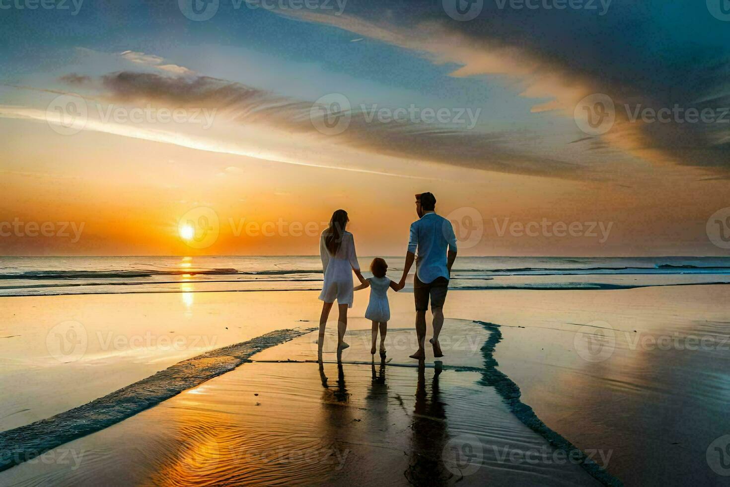 un familia caminando en el playa a puesta de sol. generado por ai foto