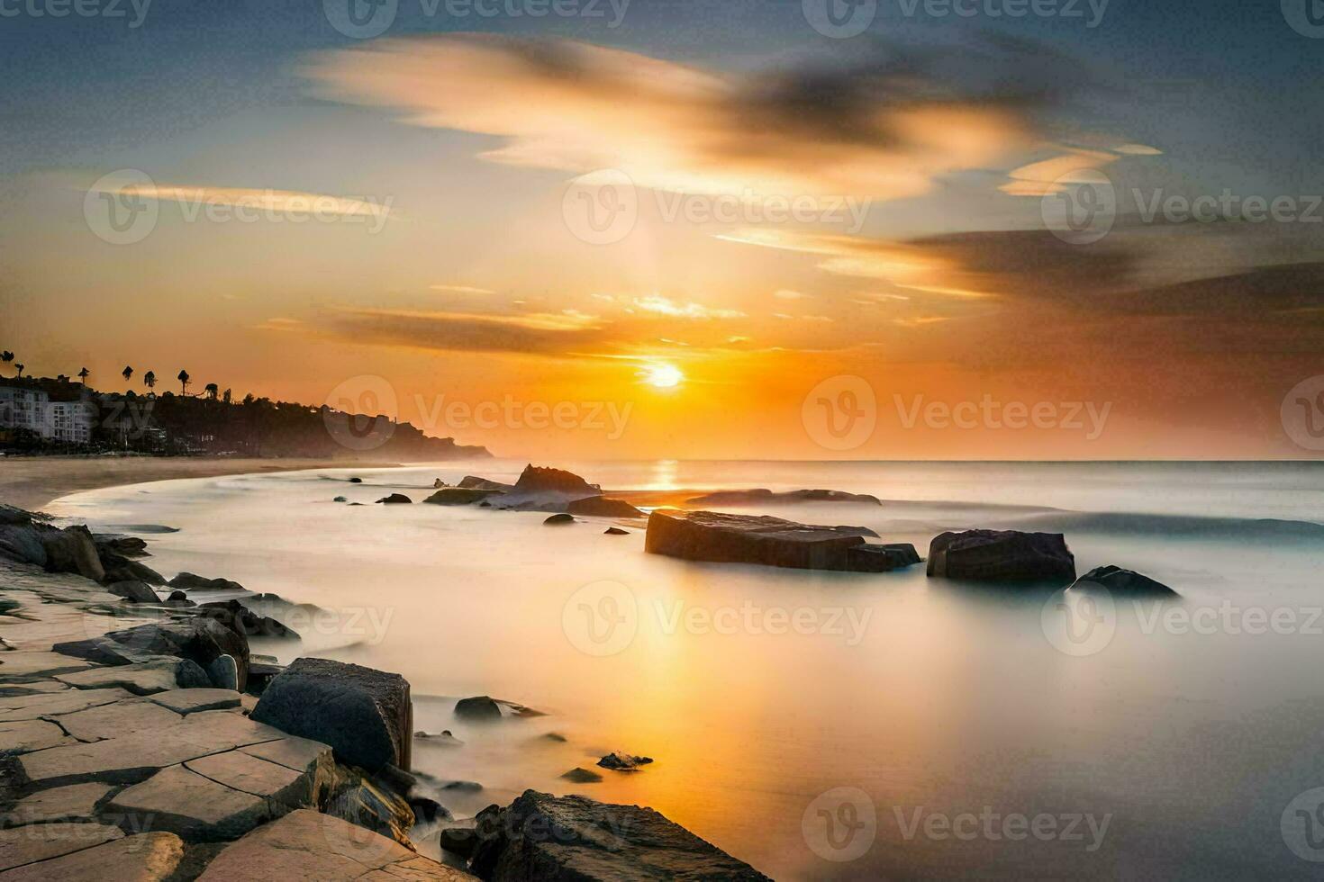 the sun sets over the ocean in this long exposure photo. AI-Generated photo