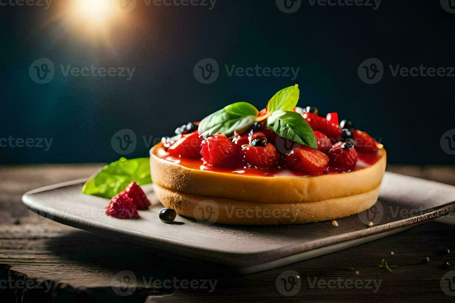 a cheesecake with berries and mint on a plate. AI-Generated photo