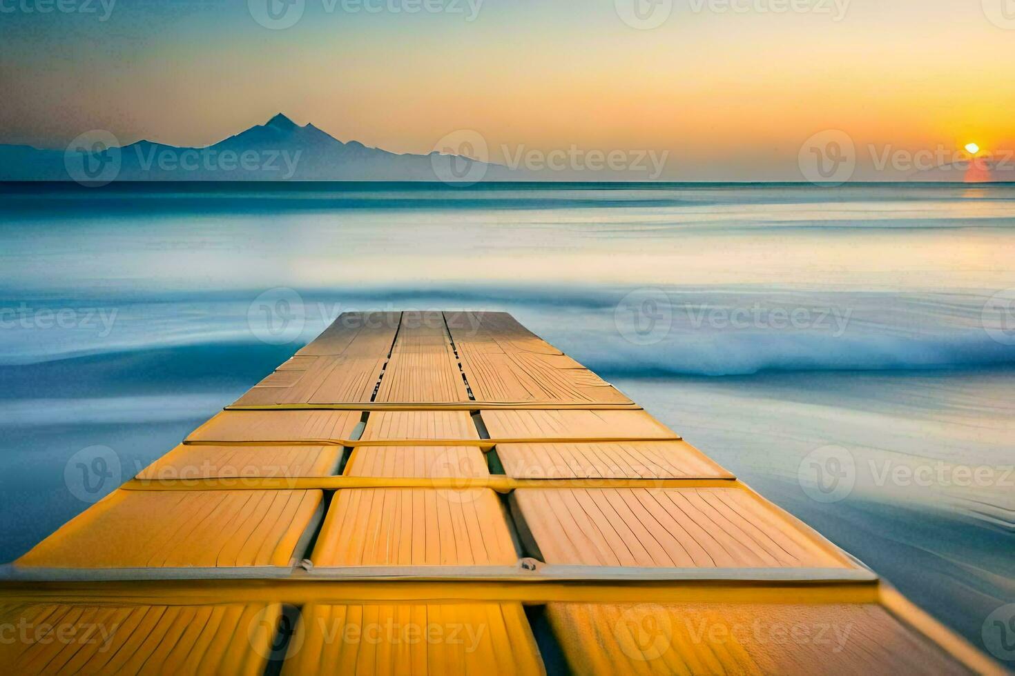 a wooden dock stretches out into the ocean at sunset. AI-Generated photo