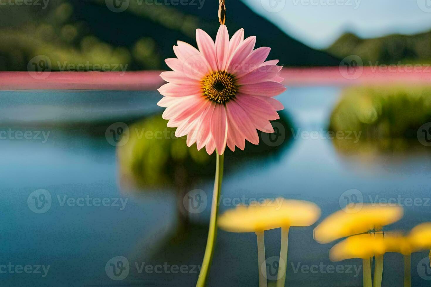 a pink flower is standing in front of a lake. AI-Generated photo