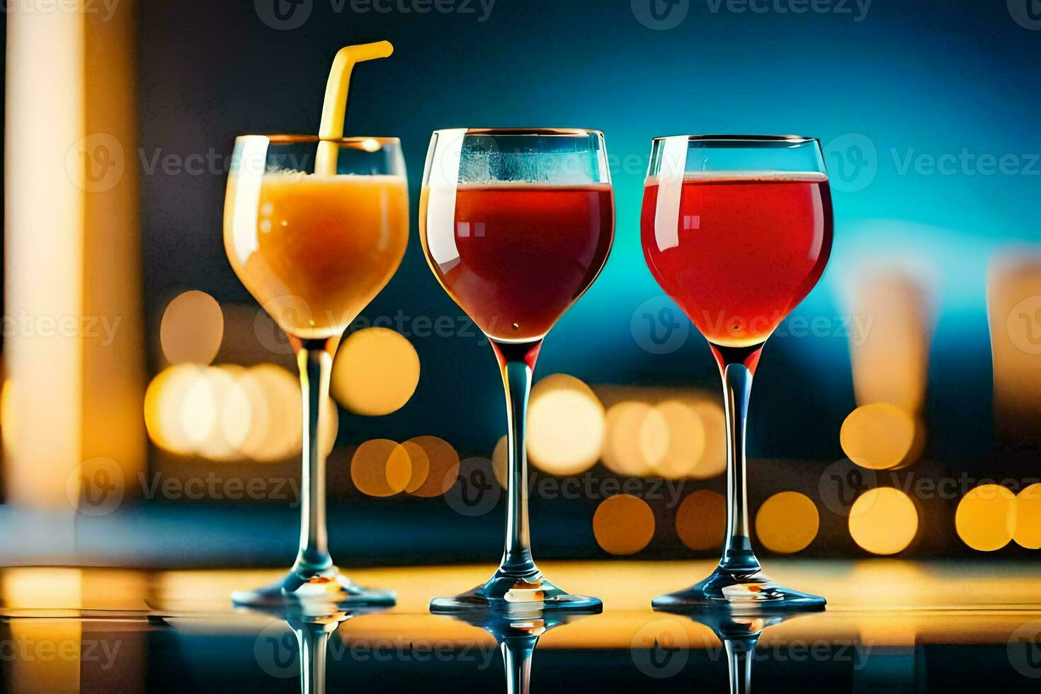 three glasses of different colored drinks on a table. AI-Generated photo