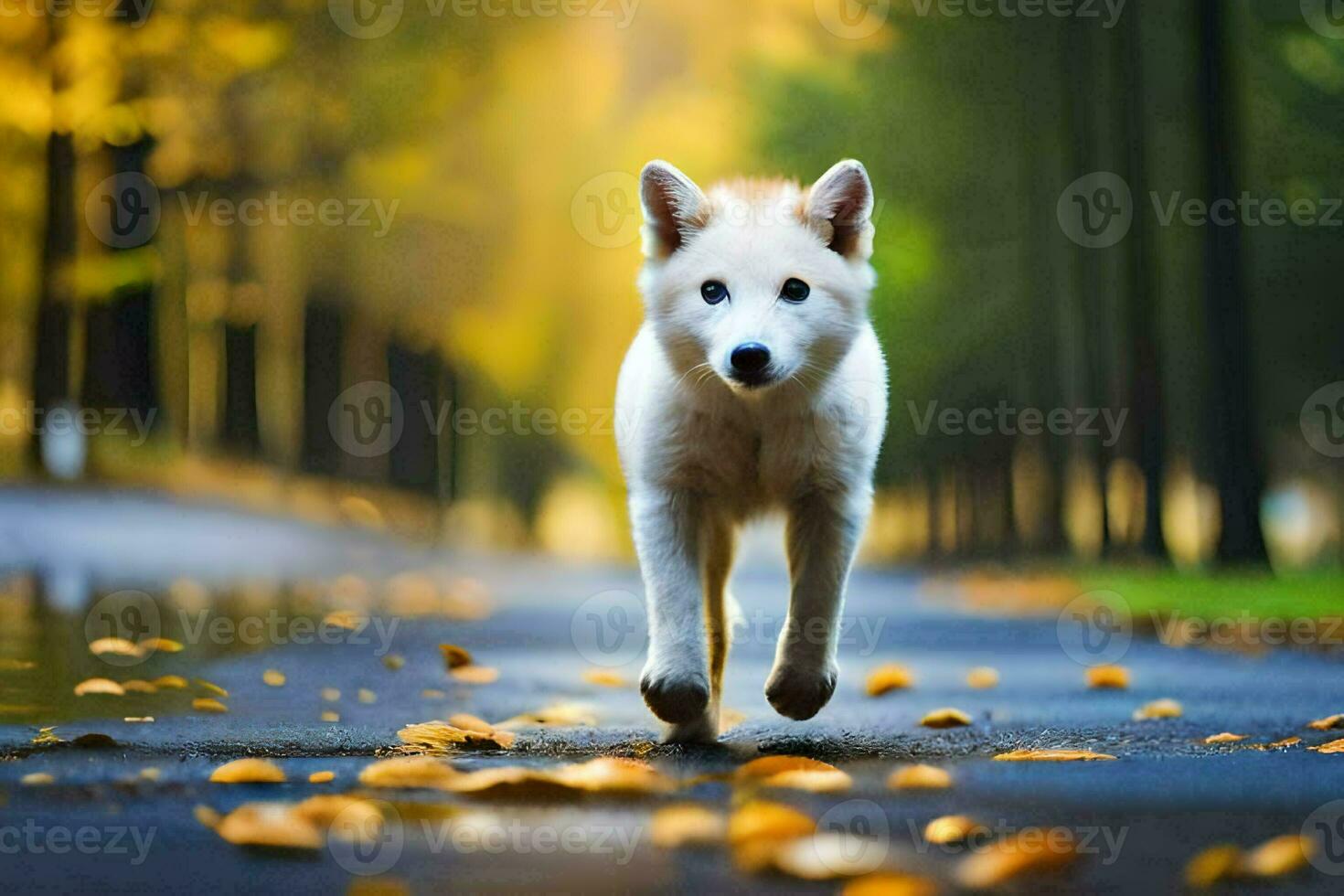 un blanco perro corriendo en el la carretera en el caer. generado por ai foto