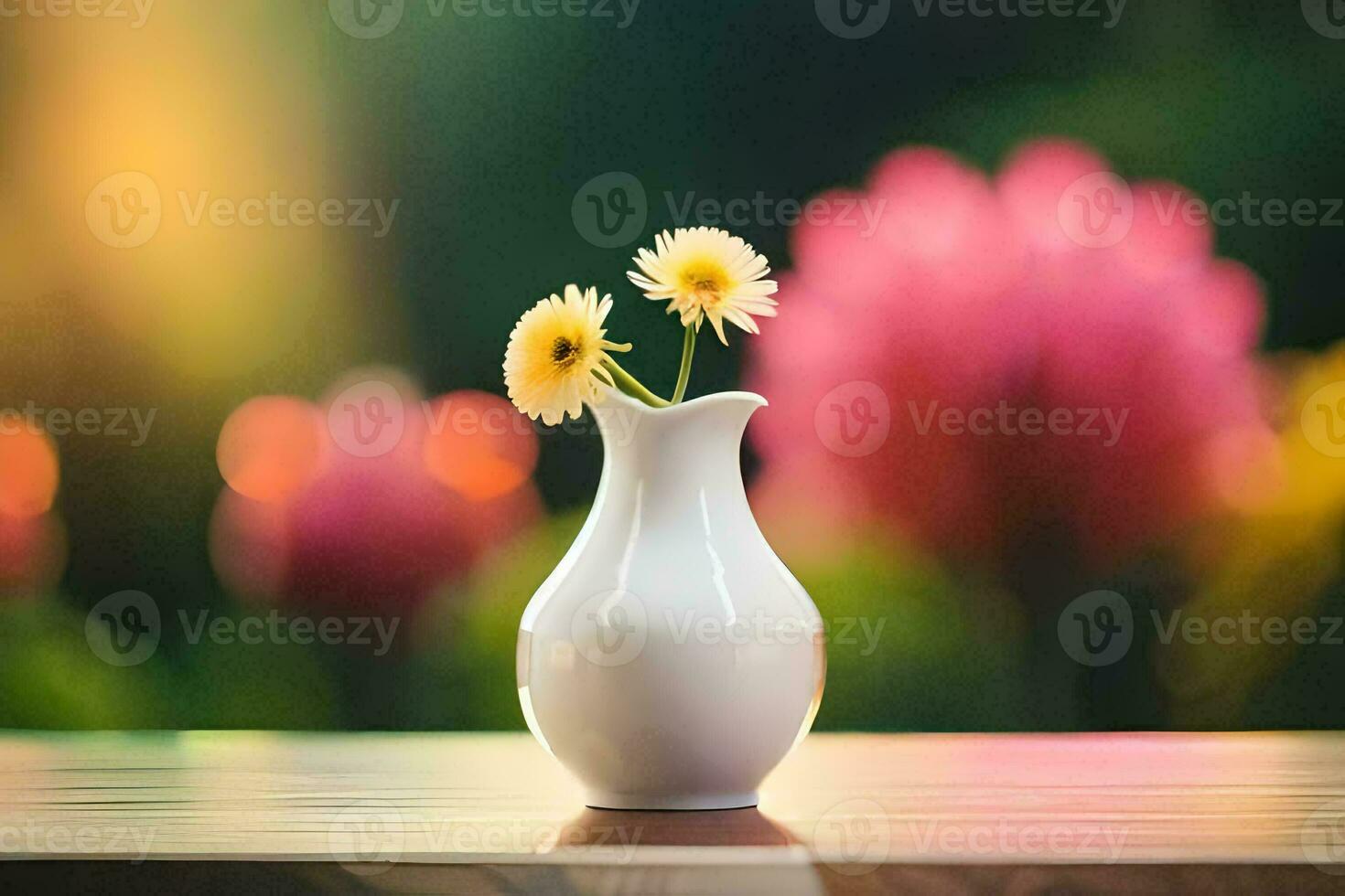 a white vase with two yellow flowers sitting on a table. AI-Generated photo