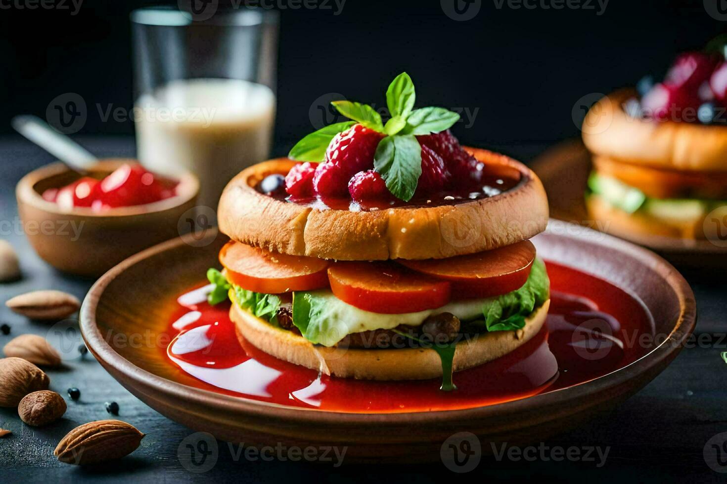 a hamburger with berries and cream on a plate. AI-Generated photo