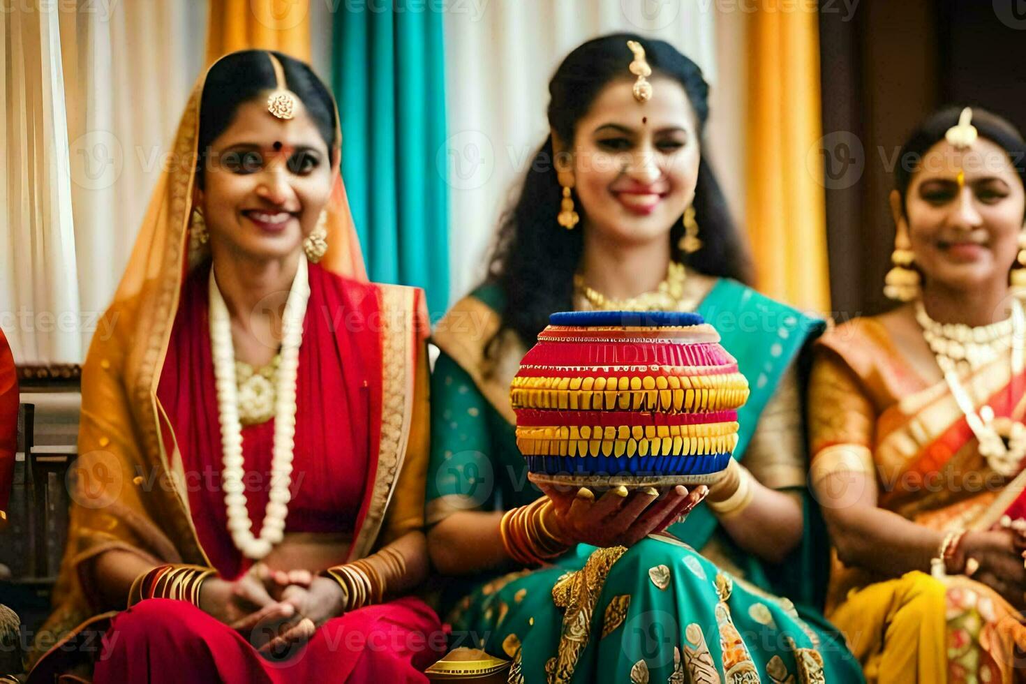 three women in saris holding a pot. AI-Generated photo