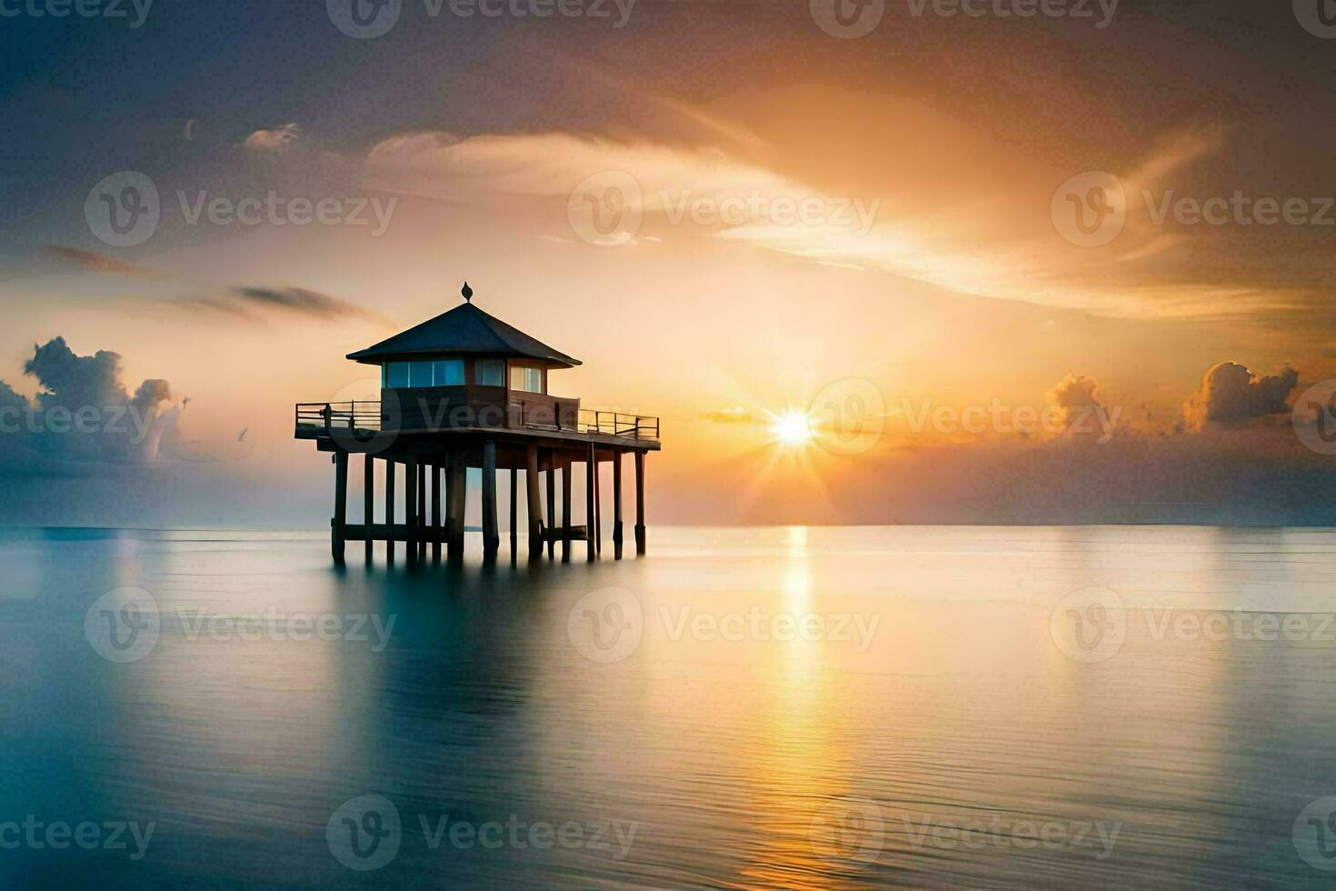 a lifeguard tower stands on the shore of the ocean at sunset. AI-Generated photo