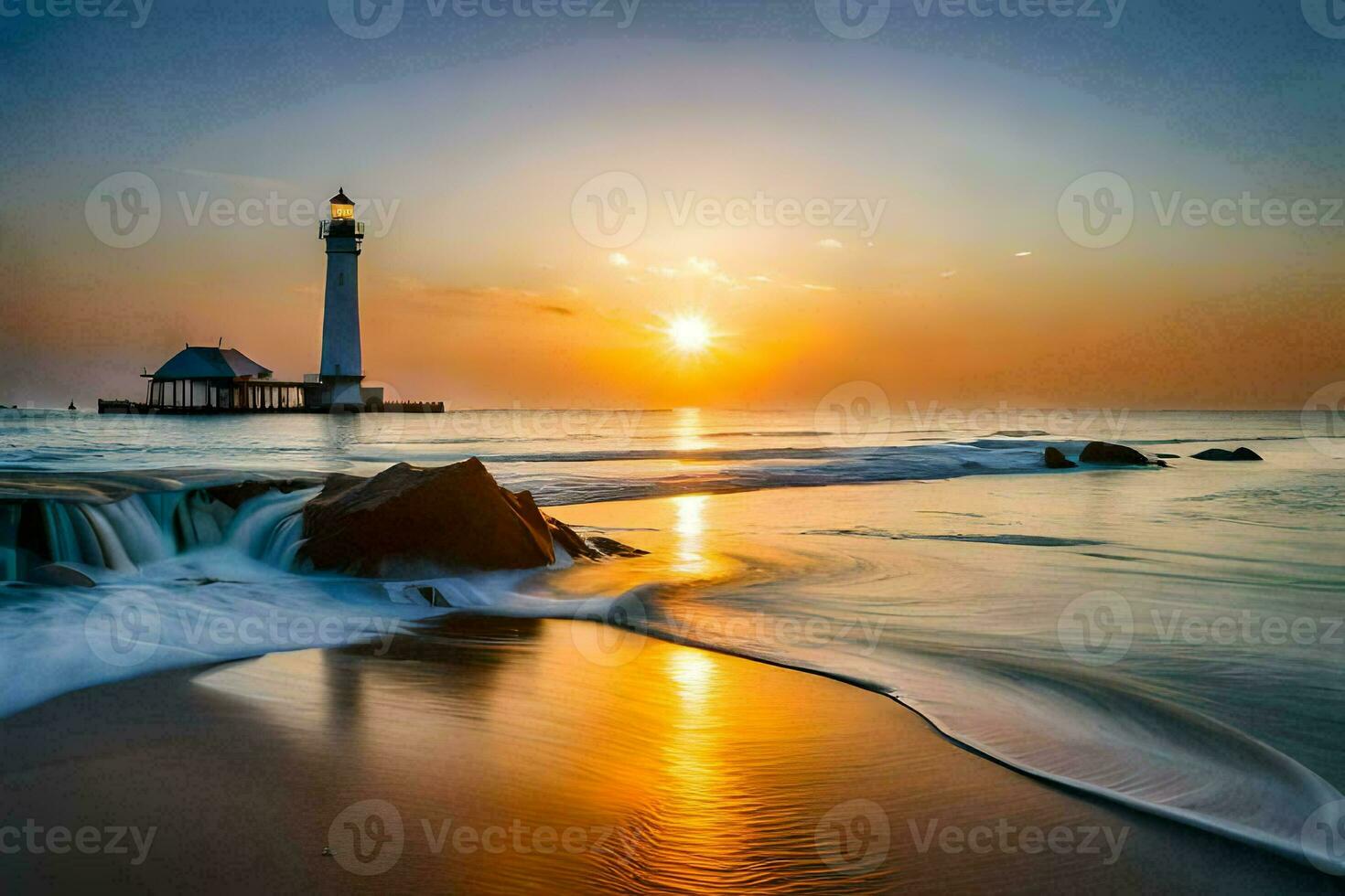 the lighthouse at sunset with waves and rocks. AI-Generated photo