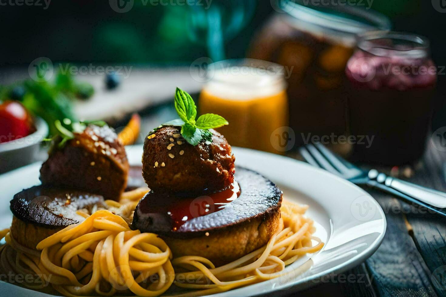 un plato de espaguetis con albóndigas y salsa. generado por ai foto