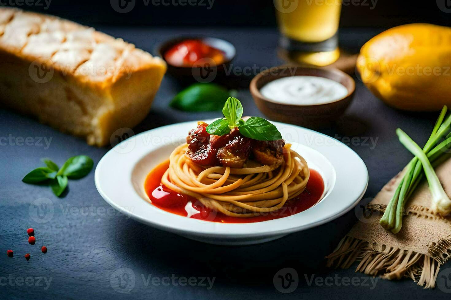 spaghetti with tomato sauce and bread on a dark table. AI-Generated photo