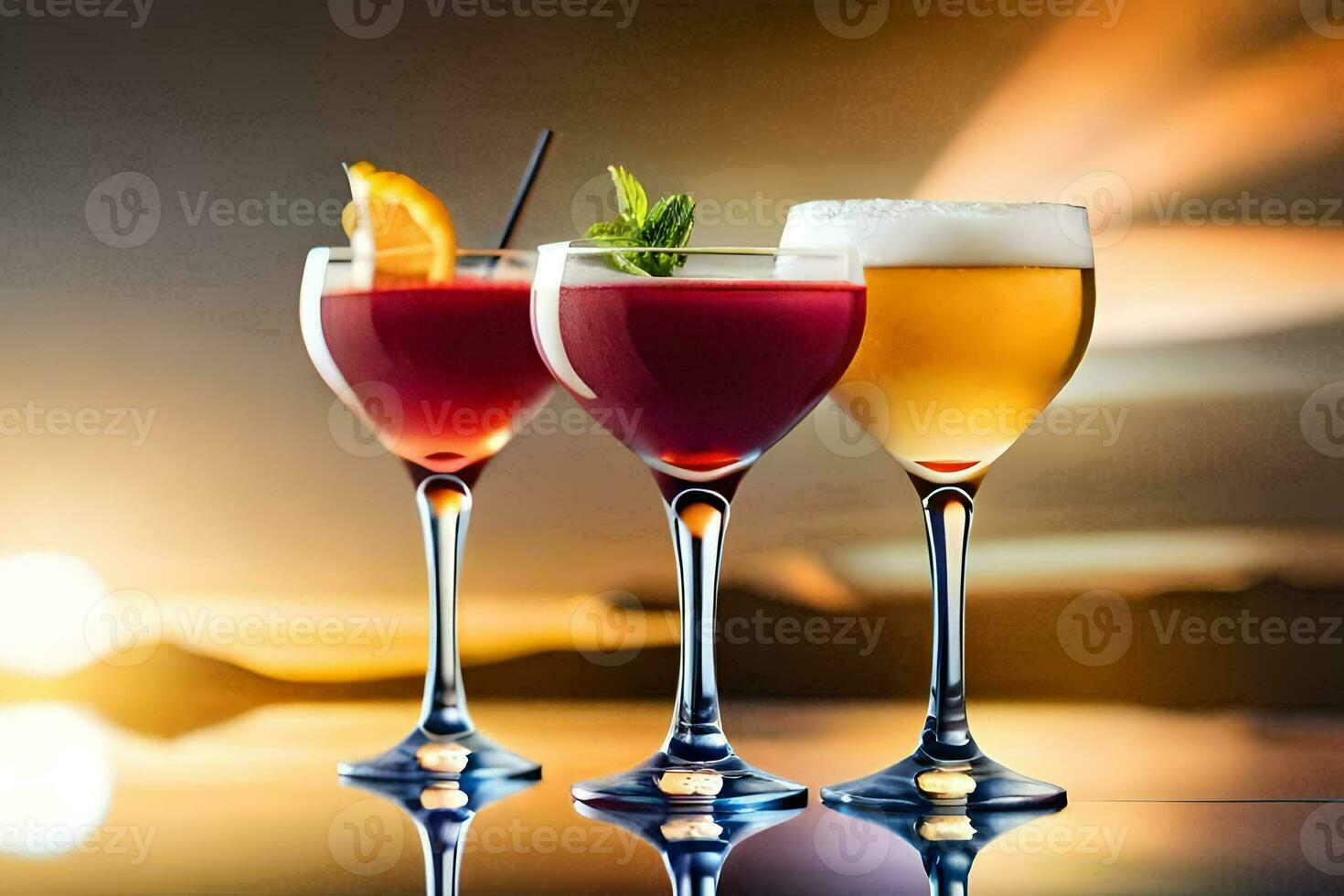 three different types of alcoholic drinks on a table. AI-Generated photo