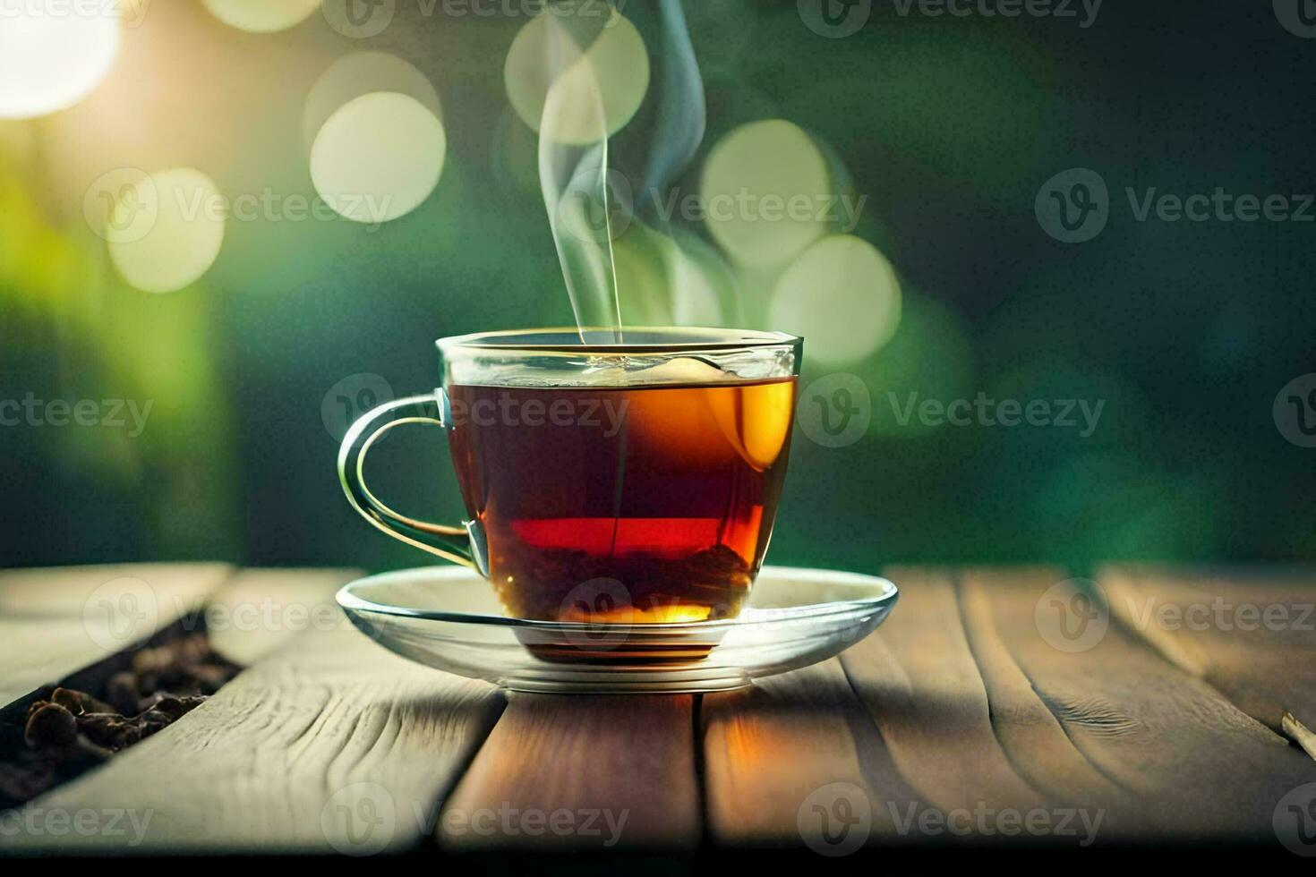 a cup of tea on a wooden table. AI-Generated photo