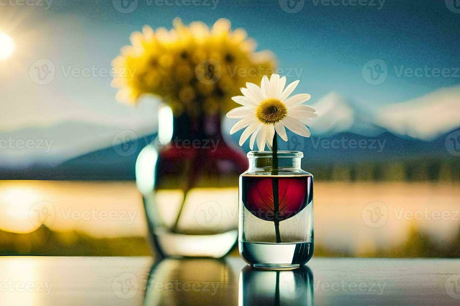 a vase with flowers and a lake in the background. AI-Generated photo