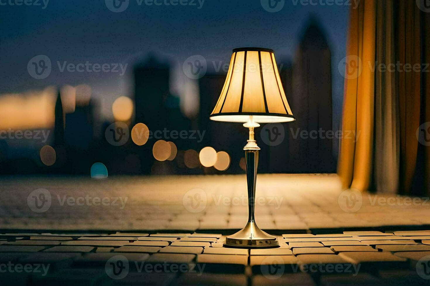 un lámpara en un ladrillo piso en frente de un ciudad horizonte. generado por ai foto