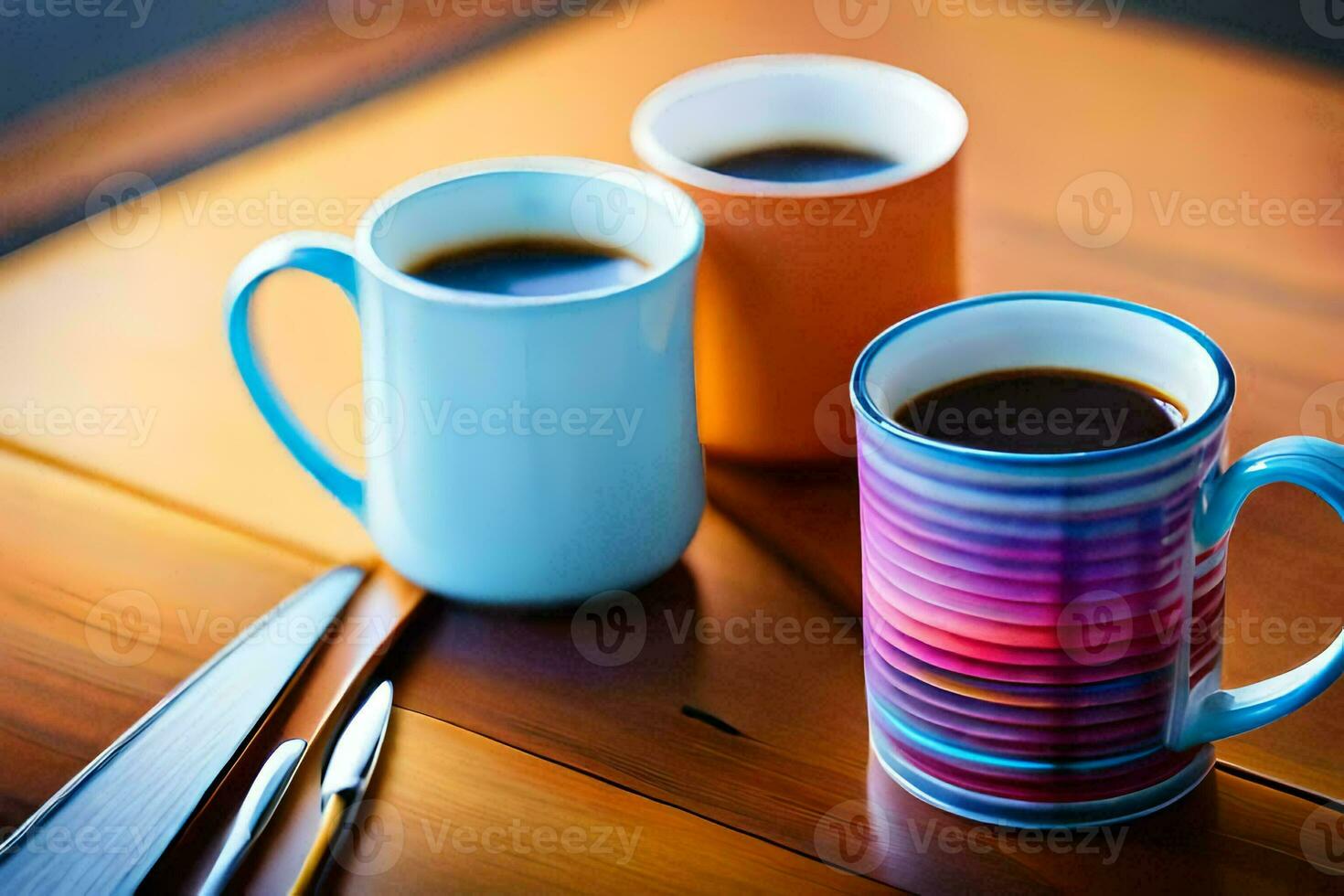 two colorful coffee mugs sit on a table. AI-Generated photo