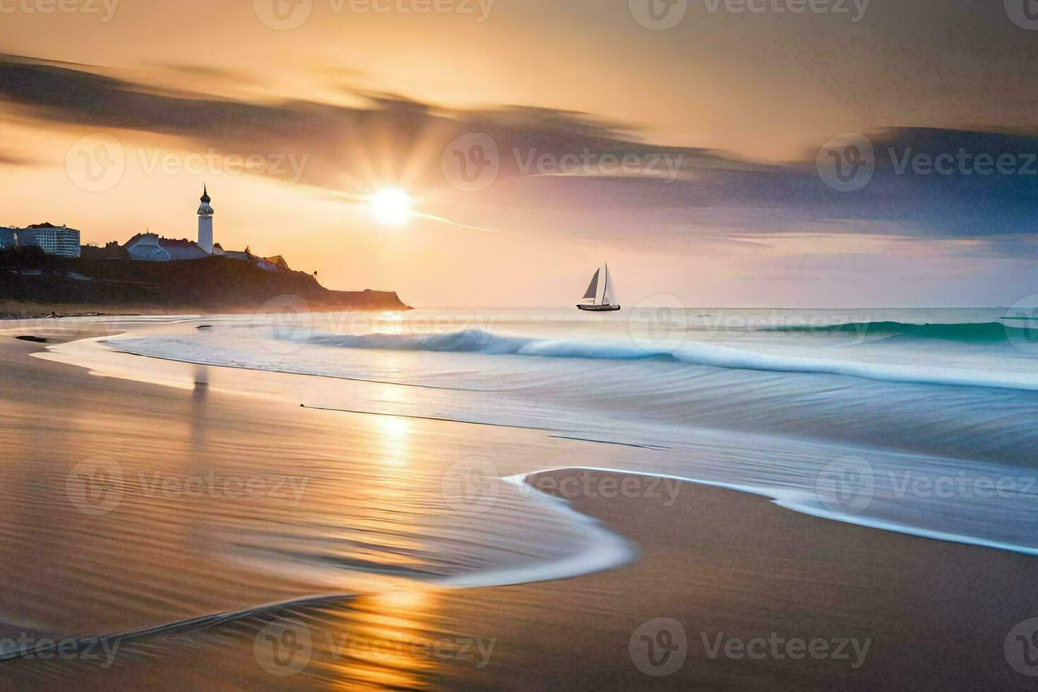 sunset on the beach, lighthouse, lighthouse, lighthouse, lighthouse, lighthouse, lighthouse, lighthouse. AI-Generated photo