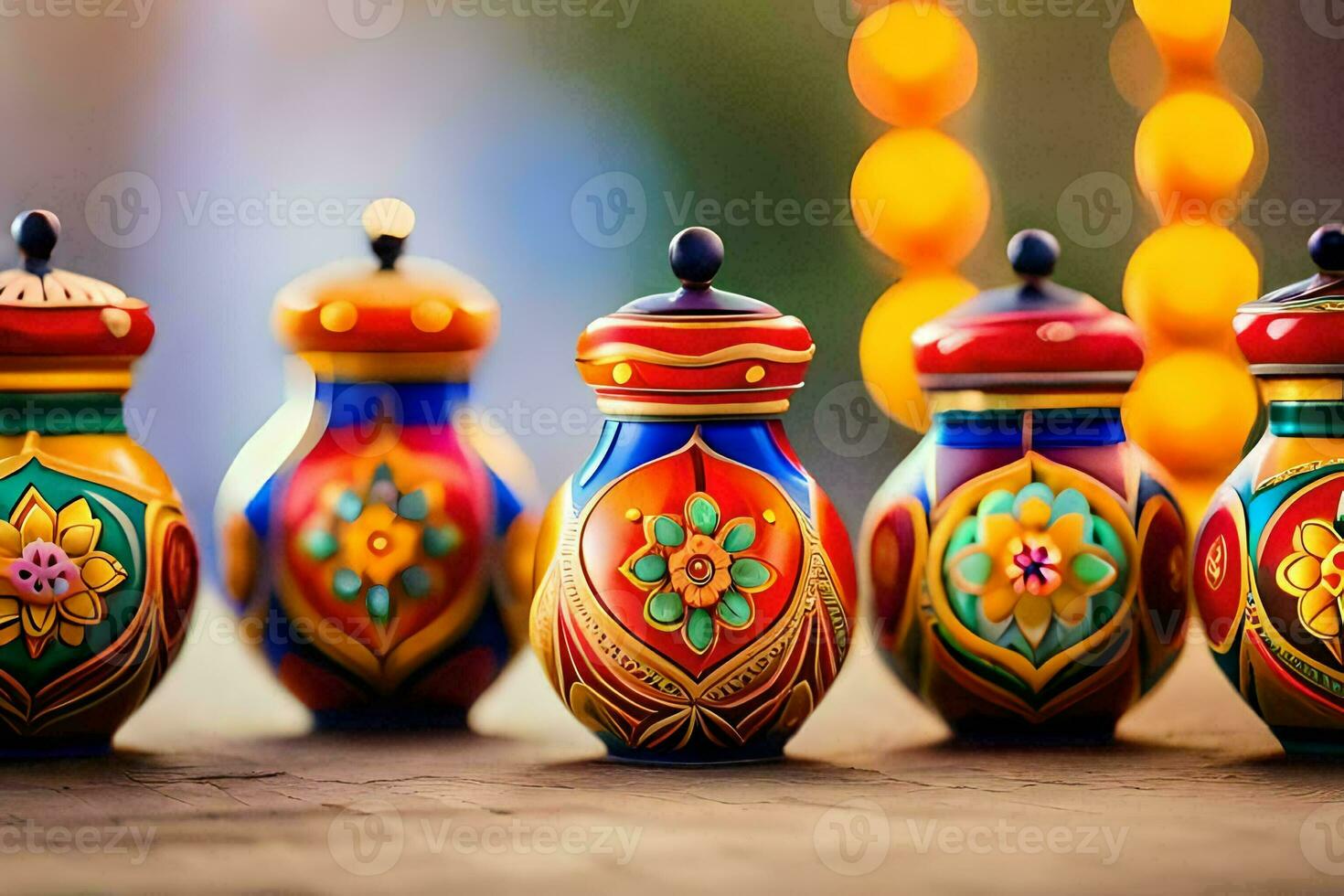 colorful diyas on a table with candles. AI-Generated photo
