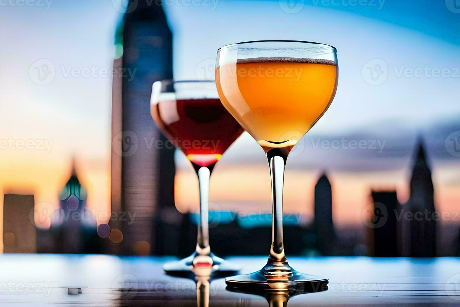 two glasses of wine on a table in front of a city skyline. AI-Generated photo