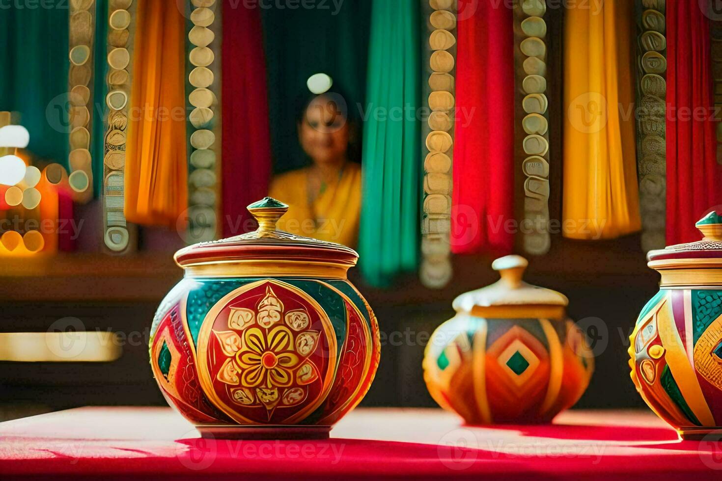 three colorful vases on a red table with a woman in the background. AI-Generated photo