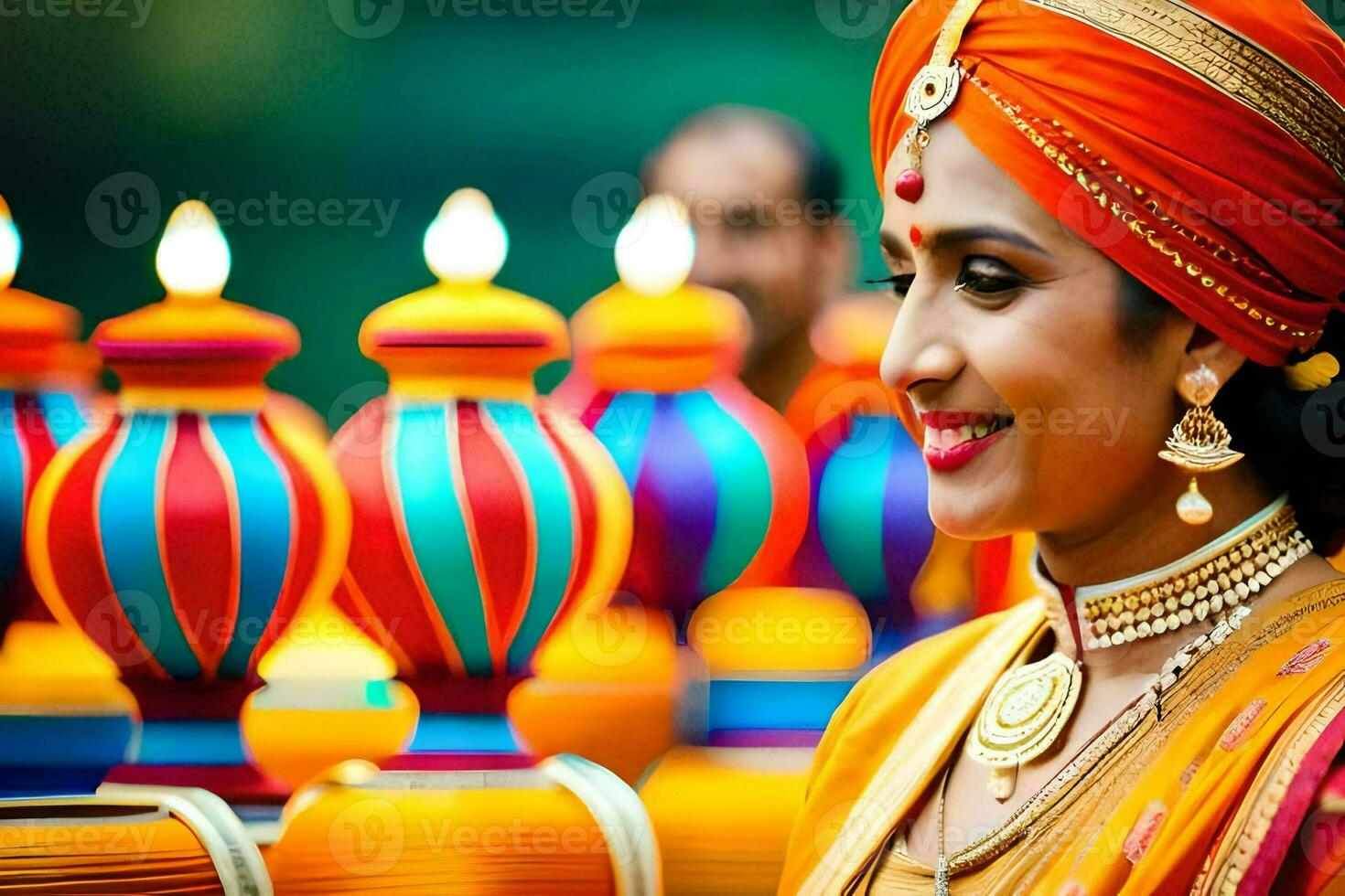 a woman in an indian outfit with colorful lanterns. AI-Generated photo