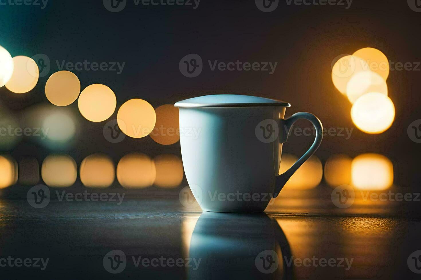 a coffee cup on a table in front of a blurred background. AI-Generated photo