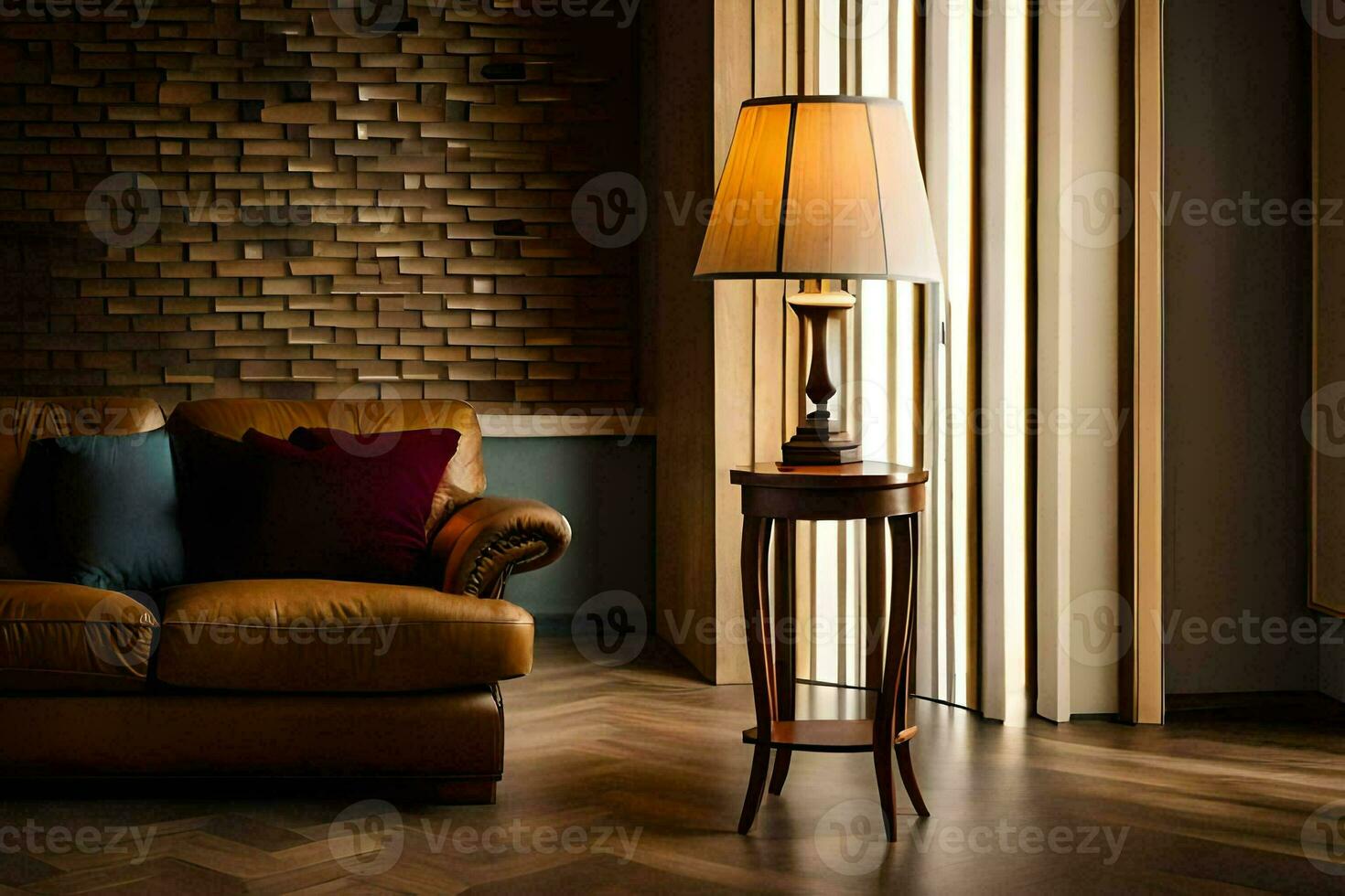 a leather couch and lamp in a room. AI-Generated photo