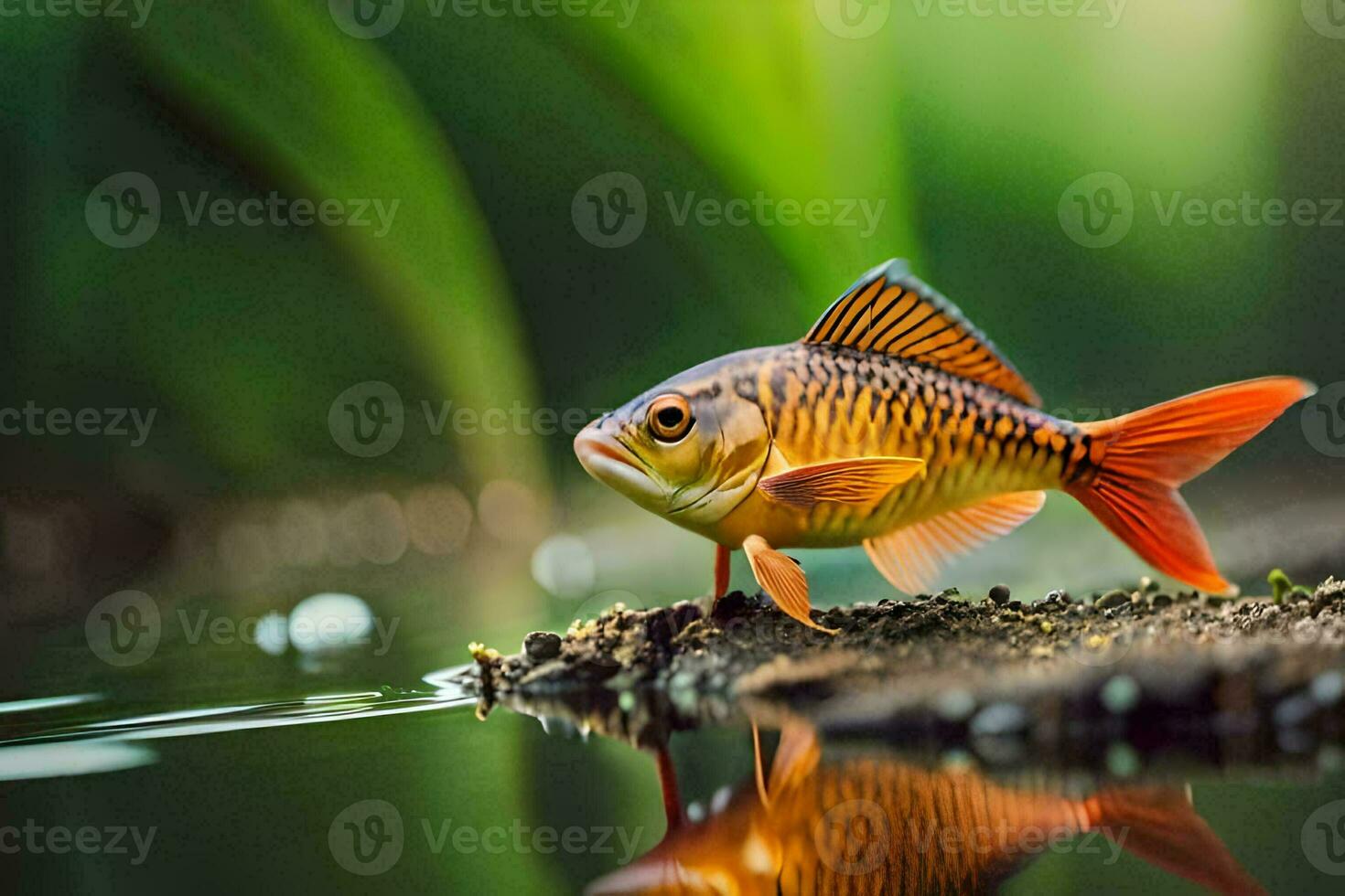a goldfish is standing on the edge of the water. AI-Generated photo