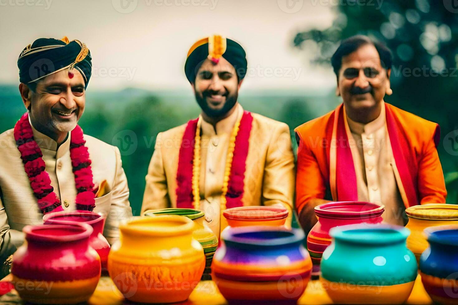 three men in colorful outfits pose for a photo. AI-Generated photo