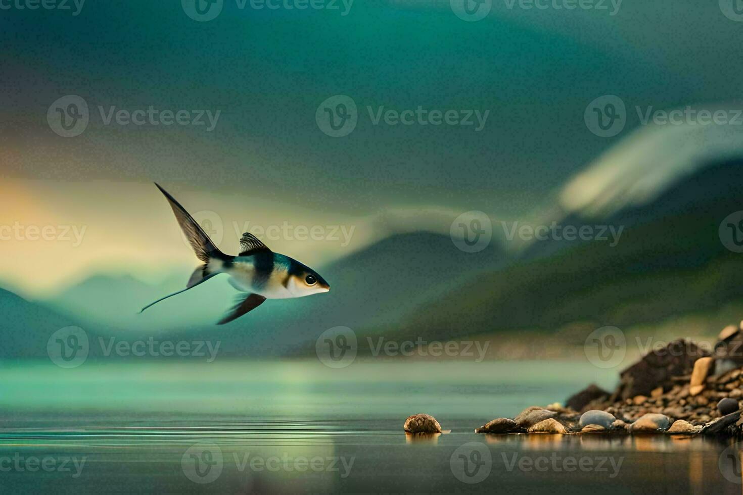 un pescado volador terminado el agua con montañas en el antecedentes. generado por ai foto