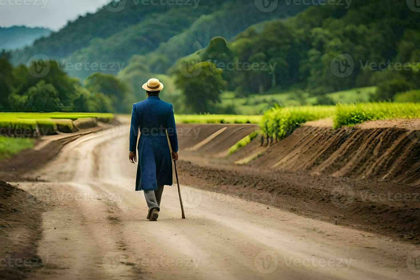 un hombre en un azul traje camina abajo un suciedad la carretera. generado por ai foto