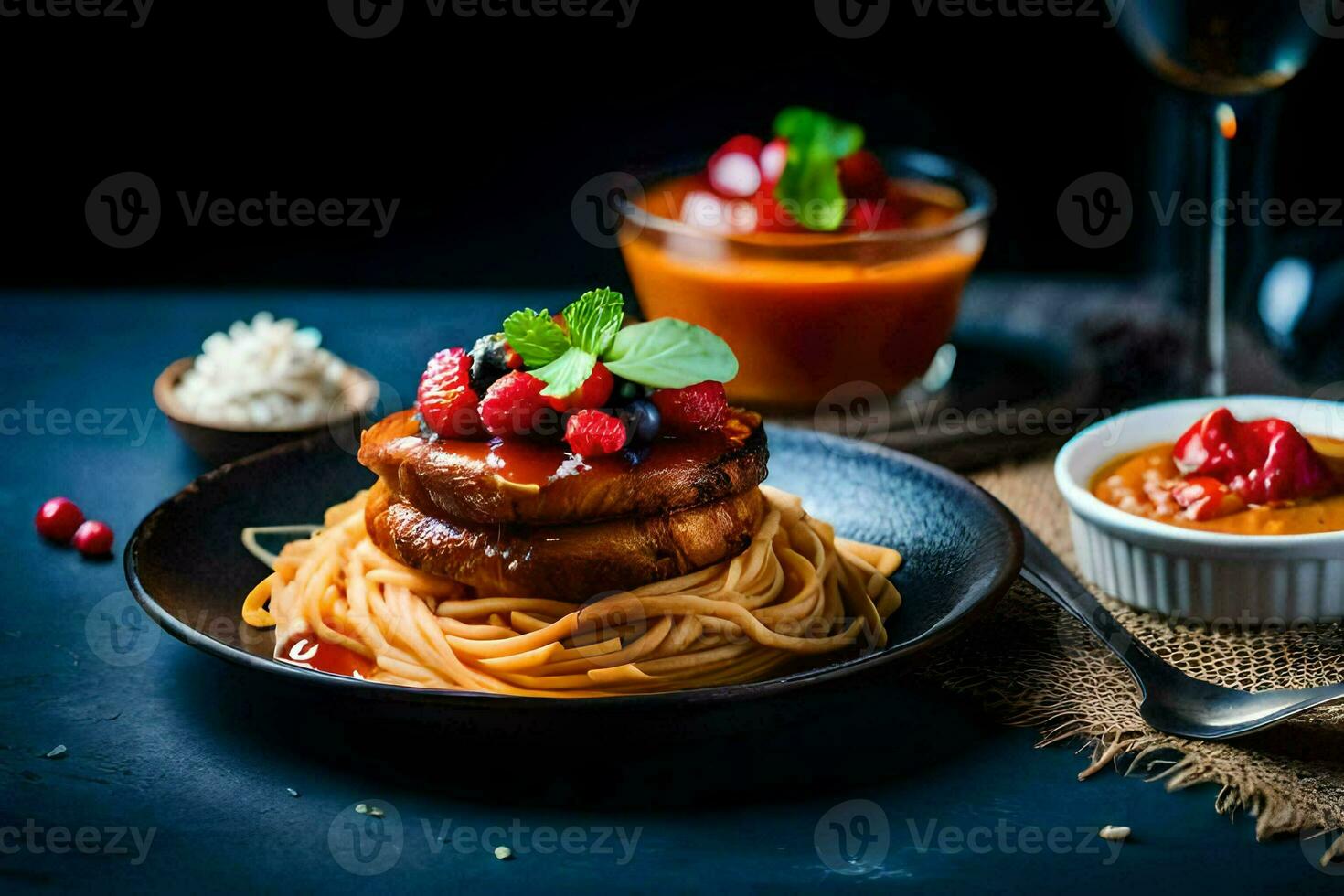 a plate of spaghetti with meat and berries. AI-Generated photo