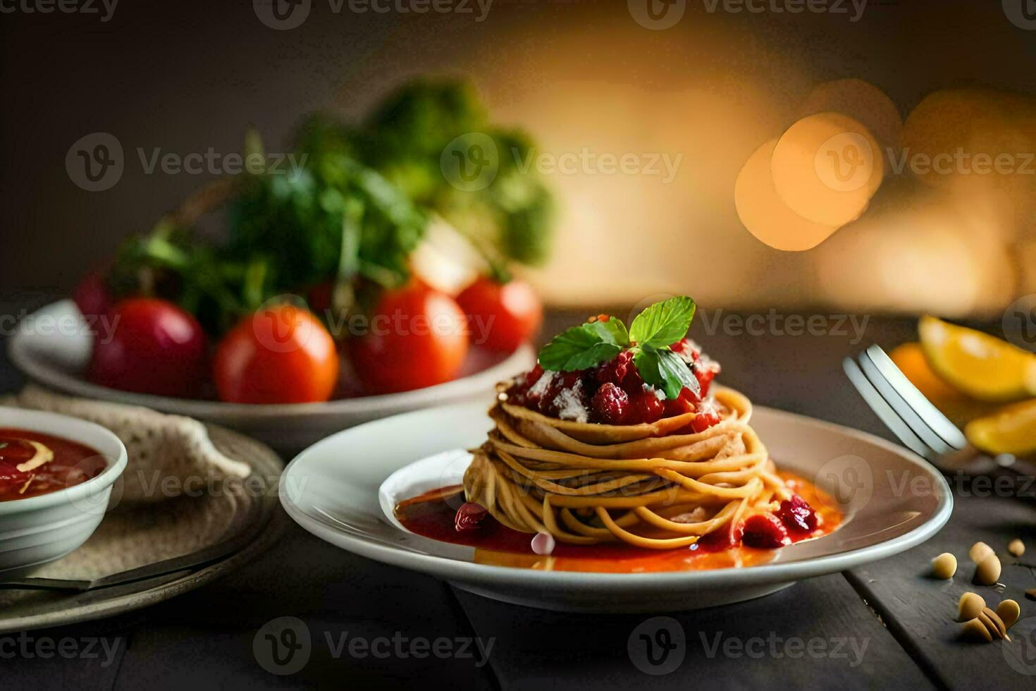 espaguetis con tomate salsa y Fresco vegetales en un lámina. generado por ai foto