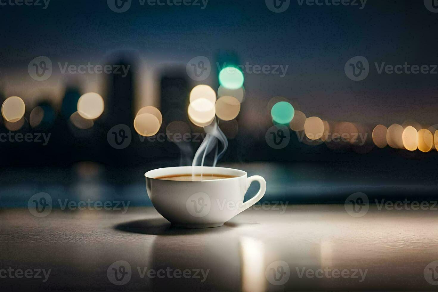 coffee cup on the table with city lights in the background. AI-Generated photo