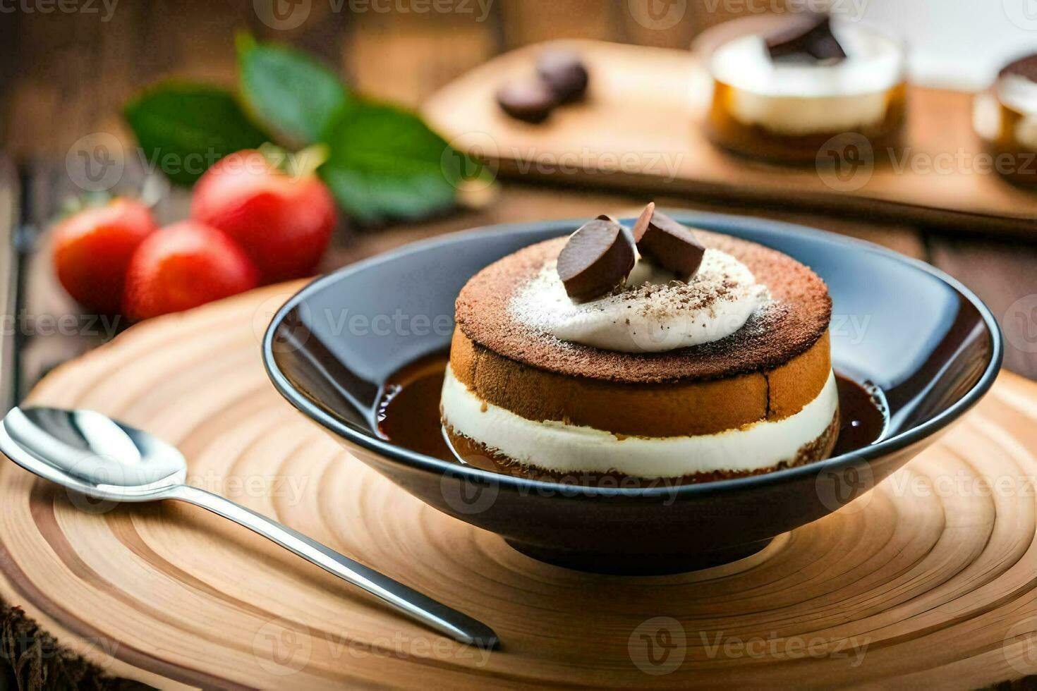 a dessert with chocolate and whipped cream on a plate. AI-Generated photo