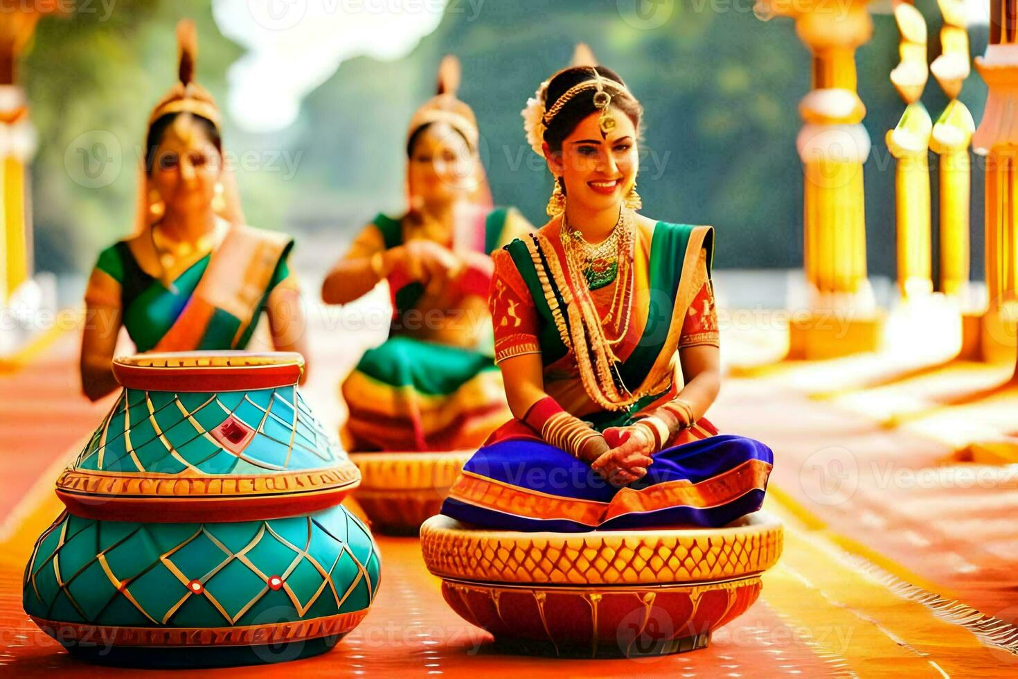 women in traditional indian attire sit on a bench. AI-Generated photo