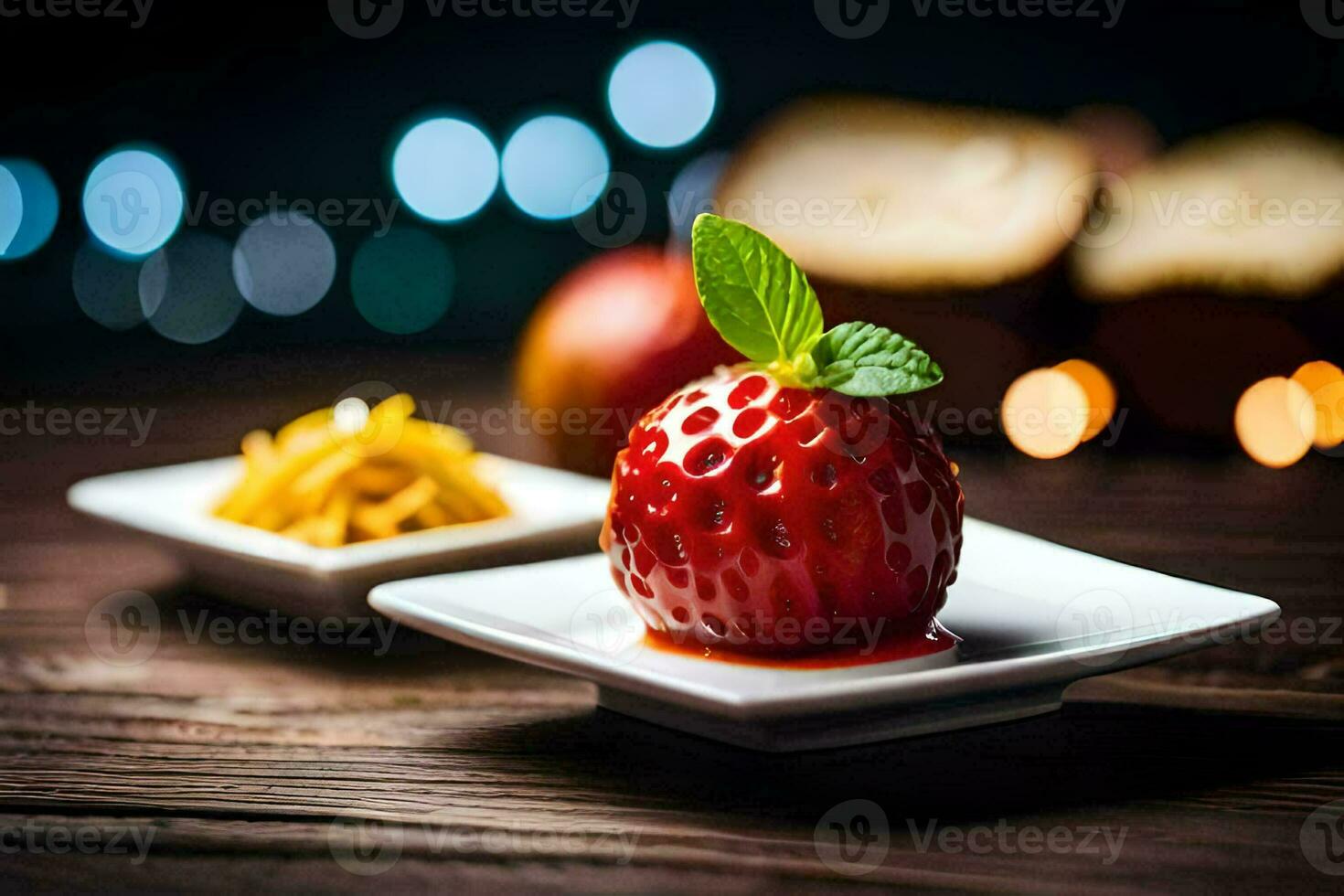 a strawberry on a plate with a bowl of food. AI-Generated photo